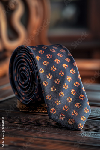 Elegant Patterned Tie on Wooden Surface