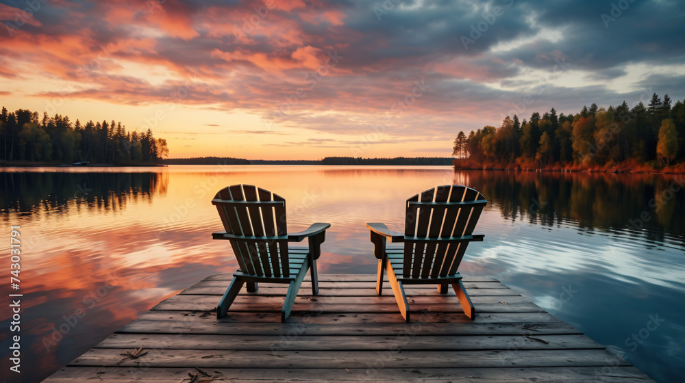 Two wooden chairs bench on a wood pier overlooking - obrazy, fototapety, plakaty 