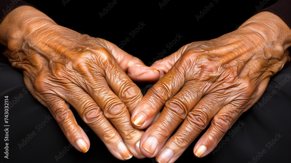 Fototapeta premium Closeup Hands Of Old African American Person On Black Background. Aging Process. Very Old Senior Woman Hands Wrinkled Skin. Horizontal Plane. Ai Generated. Healthcare and Insurance Concept, Hospice.