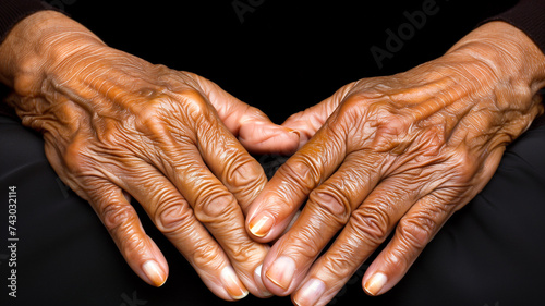 Closeup Hands Of Old African American Person On Black Background. Aging Process. Very Old Senior Woman Hands Wrinkled Skin. Horizontal Plane. Ai Generated. Healthcare and Insurance Concept, Hospice.
