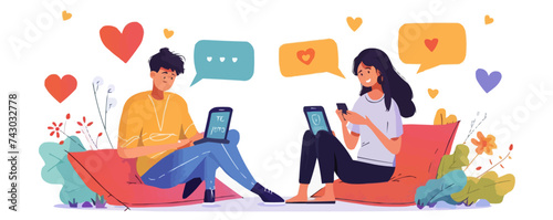 Online Dating concept. Young couple using online dating app. The dangers of online dating. Send and read messages to each other in text bubbles. set flat vector modern illustration