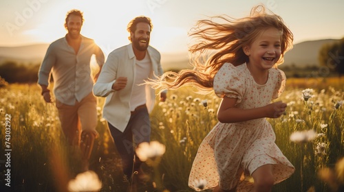 Family running through field letting kite fly photo