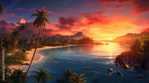Generative AI A panoramic aerial view displaying tropical islands enveloped in the warm colors of a vibrant sunset, with palm trees swaying gently against the backdrop of the evening sky.