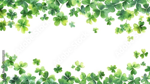 Green flying clover leaves isolated on white background. Vector illustration. Spring decoration for Saint Patrick's day border or frame design