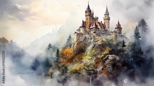 Generative AI A picturesque, fog-covered castle on a hilltop. landscape watercolor