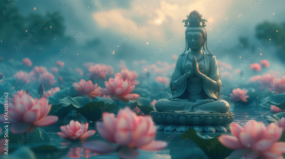 Serene Guanyin Buddha Amidst Lotus Flowers at Dusk. - obrazy, fototapety, plakaty 