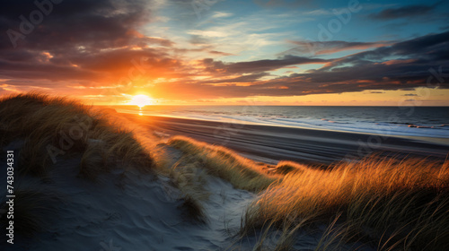 View from dune top over sunset in North Sea