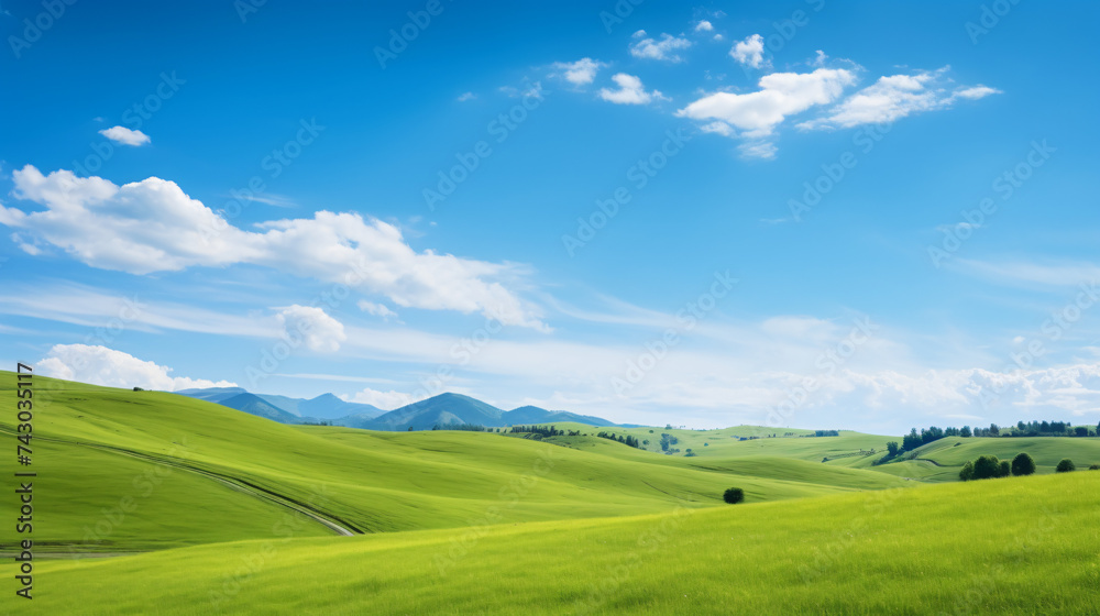 View of green grass on the slope and mountain