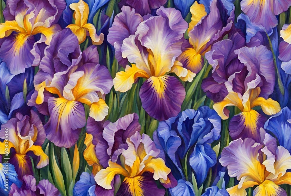 Floral background with purple, blue, yellow iris flowers. Floral background with purple, blue, yellow iris flowers.