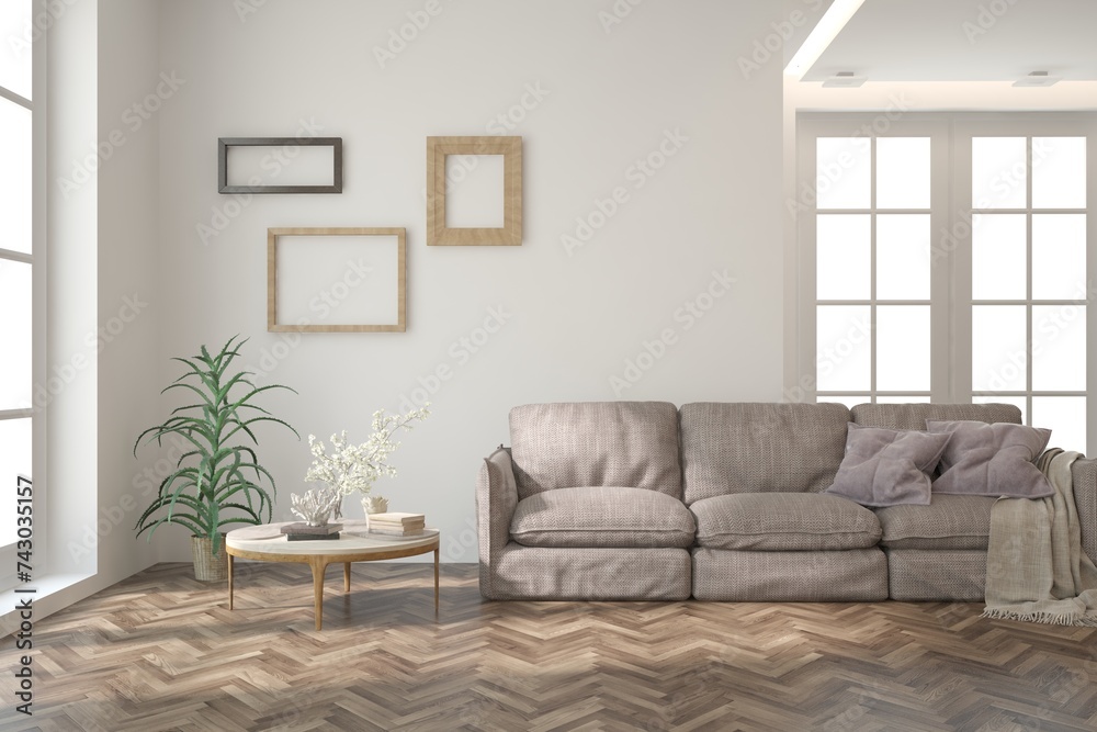 Fototapeta premium Interior design of modern apartment. Interior mockup. Scandinavian interior design. 3D illustration