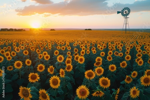 Golden hour over sunflower fields
