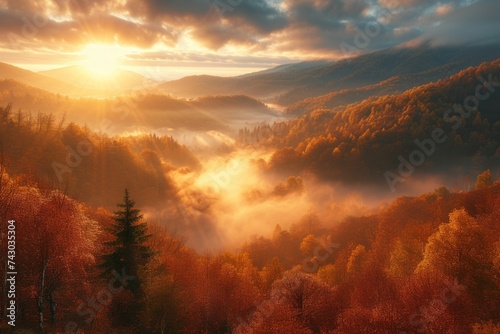 Foggy autumn dawn in the mountains