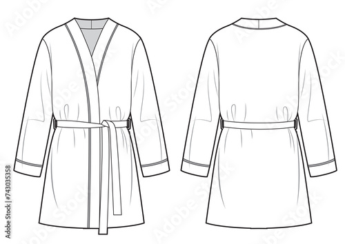 Womens bathrobe technical fashion illustration, mini length.