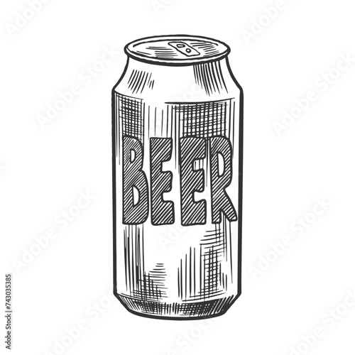 Beer can isolated on white background. Engraving vector illustration of soda can. 