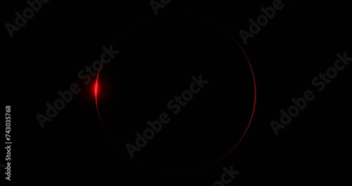 Circle frame with glowing red sunbeam with reflection. Round solar eclipse illuminated by 3d render golden luminous line moving along perimeter for design of effective led shows