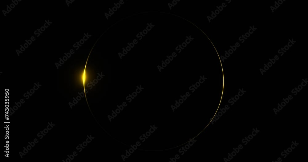 Circle frame with dual glowing gold sunbeam. Round solar eclipse illuminated by 3d render golden luminous line moving along perimeter for design of effective advertising