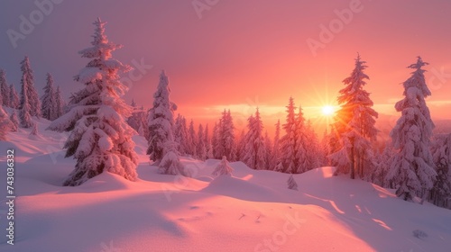 Landscape with snow-covered trees in the morning light