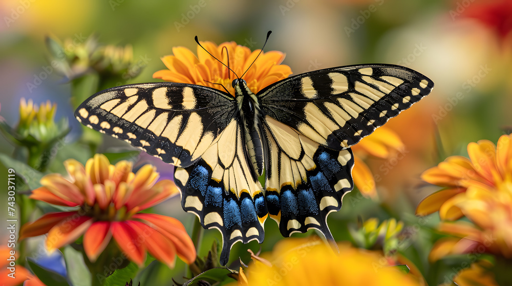 A butterfly, with vibrant flowers as the background, during the emergence of life A butterfly, with vibrant flowers as the background, during the emergence of life