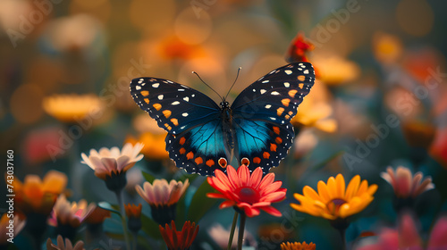 A butterfly, with vibrant flowers as the background, during the emergence of life