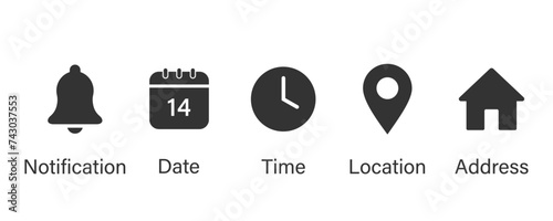 Date, Time, Address, Place, Bell,  Location, and Place icons vector in trendy style