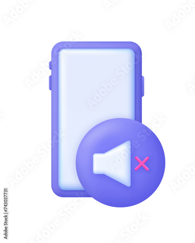 3D Silent phone icon. Silent mode of smartphone. Silence or sound switch