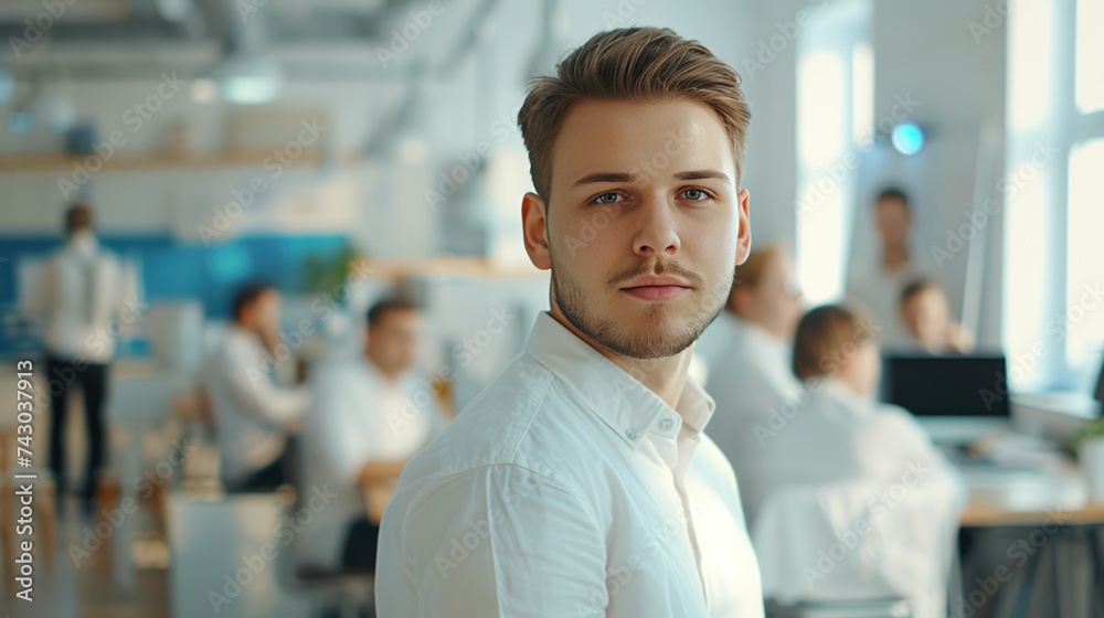 Handsome young male employee wearing a white shirt standing in a modern office with a group of people working behind the scenes Handsome young male employee wearing a white shirt standing in a modern office with a group of people working behind the scenes