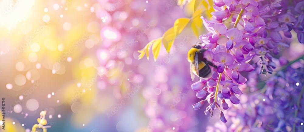 A bumblebee sits on a bunch of vibrant purple wisteria flowers, collecting nectar in the spring season. The bees fuzzy body contrasts with the delicate petals as it pollinates the flowers. A bumblebee sits on a bunch of vibrant purple wisteria flowers, collecting nectar in the spring season. The bees fuzzy body contrasts with the delicate petals as it pollinates the flowers.