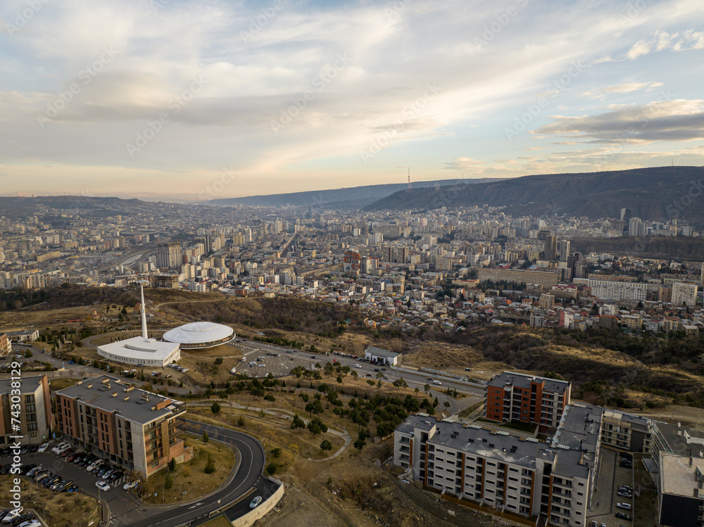 Morning cityscape of Tbilisi city. aerial view of Public safety command center