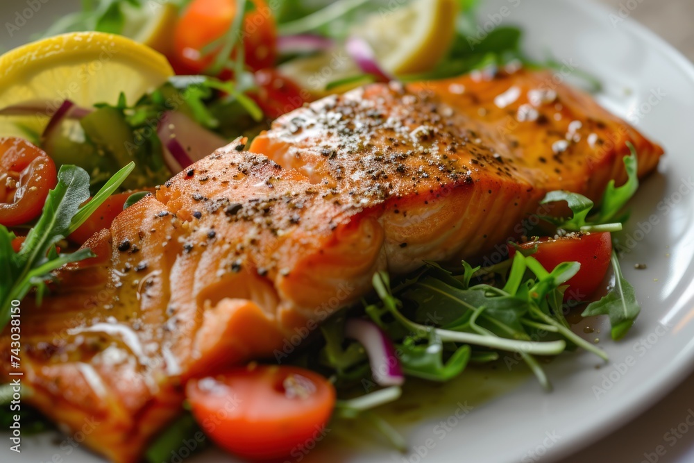 Baked or fried salmon and salad, Paleo, keto, fodmap, dash diet. Baked or fried salmon and salad, Paleo, keto, fodmap, dash diet.