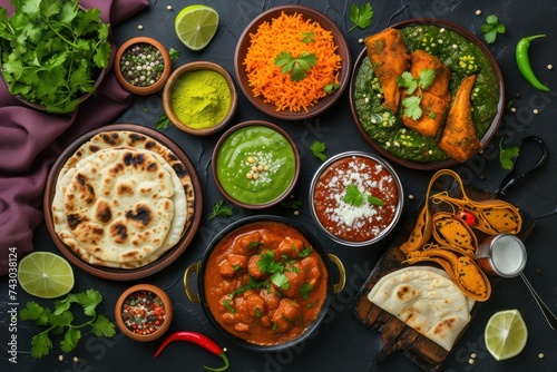 Various Indian food on dark rural background Delicious Indian food photo