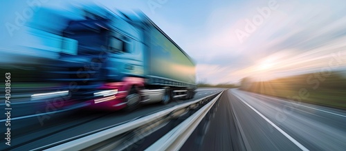 A fast-moving truck on a highway, captured in a blurry effect, depicts the speed and activity of transportation on the road.