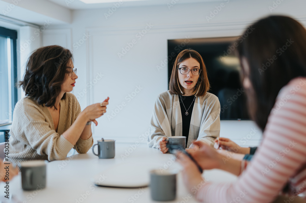 Business team gathered at table in the office, enjoying their morning coffee and discussing new business ideas or statistics early in the morning.
