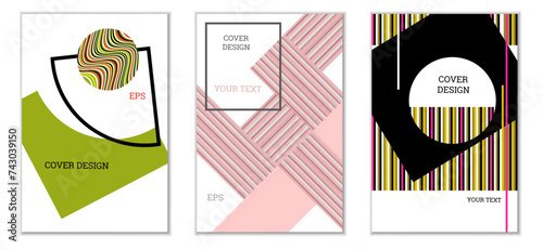 Geometric cover design, set of 3 covers. Abstract unusual background in Memphis style. Bright geometric shapes in random order