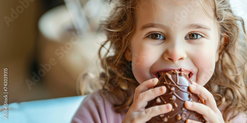 A child, eyes alight with joy, delicately savors a chocolate Easter egg,  photo