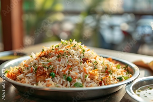 Indian biriyani on restaurant background. photo