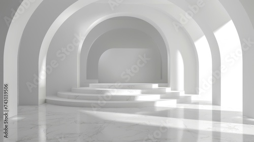 luxury podium Place merchandise in an empty white room with a 3D geometric structure.