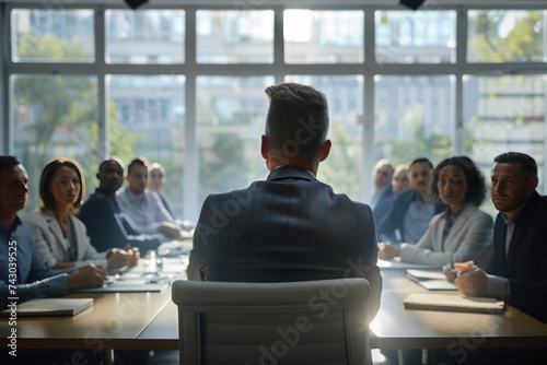 Male Caucasian businessman leader with diverse team of colleagues, group of executive managers at meeting Multicultural business professionals work together in a conference room.