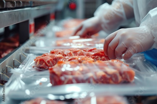 Meat factory worker pack the meat into the plastic foil on the machine at food factory. photo