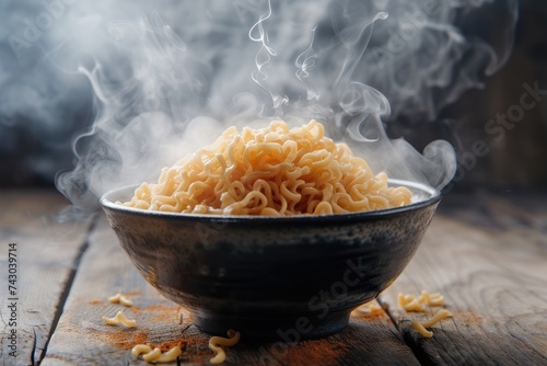Smoky noodles in a bowl on a wooden background