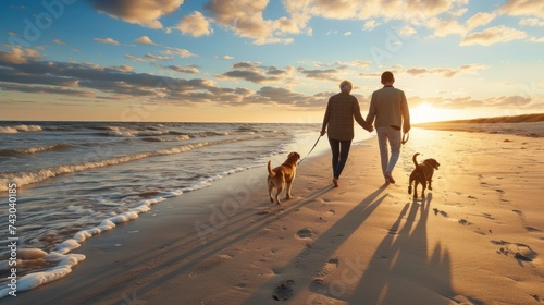 Senior couple with dog walking on the sandy beach sunset view