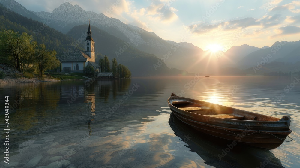Sunrise lake in Austria, boat, mountains, church, landscape, nature