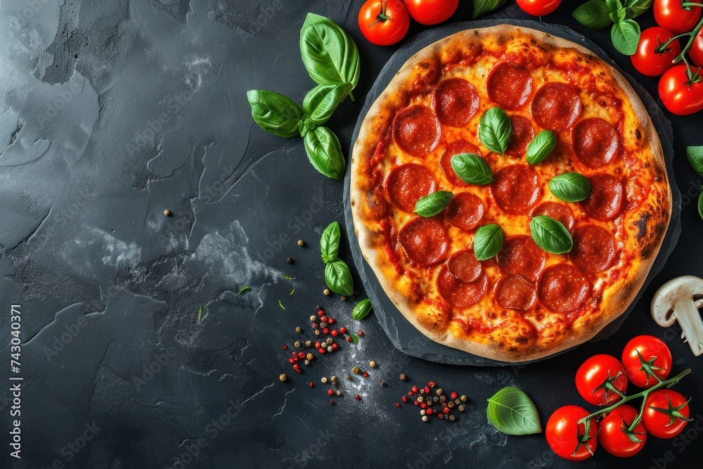 asty pepperoni pizza and cooking ingredients tomatoes basil on black concrete background. Top view of hot pepperoni pizza. With copy space for text. Flat lay. - obrazy, fototapety, plakaty 