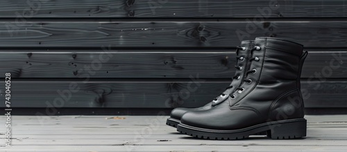 A pair of sleek black leather biker boots resting on top of a dark wooden floor, showcasing their rugged construction and stylish design. photo