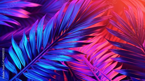 Tropical and palm leaves in vibrant bold gradient holographic colors. Concept art. Minimal surrealism