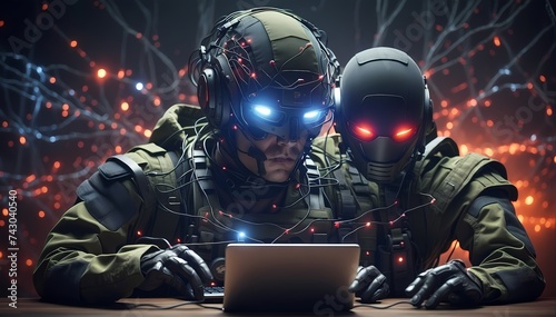 Two individuals wearing military gear are intensely focused on a laptop screen, possibly analyzing cybersecurity data or coordinating virtual warfare strategies
