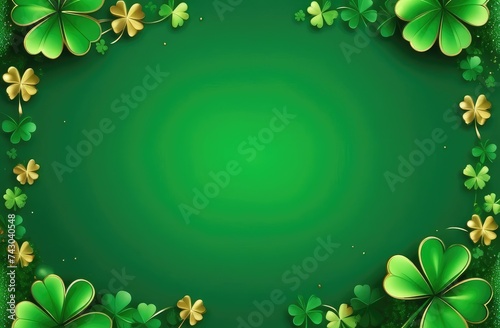background with clover. Layout for St. Patrick's Day holiday, on a green background, with green clover leaves, with gold splashes, for party invitation design, with copy space.