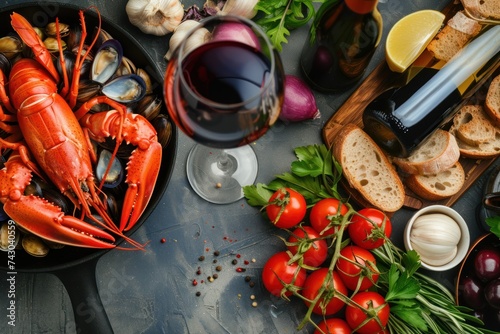 Top view, seafood and wine photo
