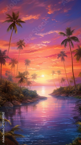 Generative AI Aerial perspective showcasing a serene archipelago with lush palm trees set against the backdrop of a mesmerizing sunset painting the sky in hues of orange  pink  and purple. photorealis