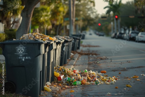 Food scraps: Leftover food fills up trash cans on the side of the road along with urban communities. Dirty environment