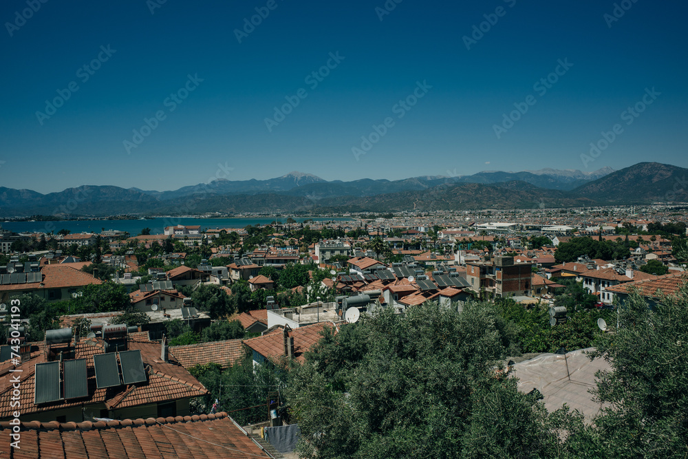 Aerial view of Fethiye landscape and cityscape. View from top. Fethiye, Mediterranean sea, Turkey.